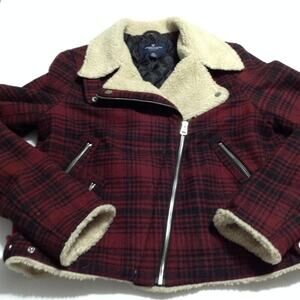 American Eagle Moto Jacket Womens Sm Red Plaid Sherpa Collar Quilt Lined Coat